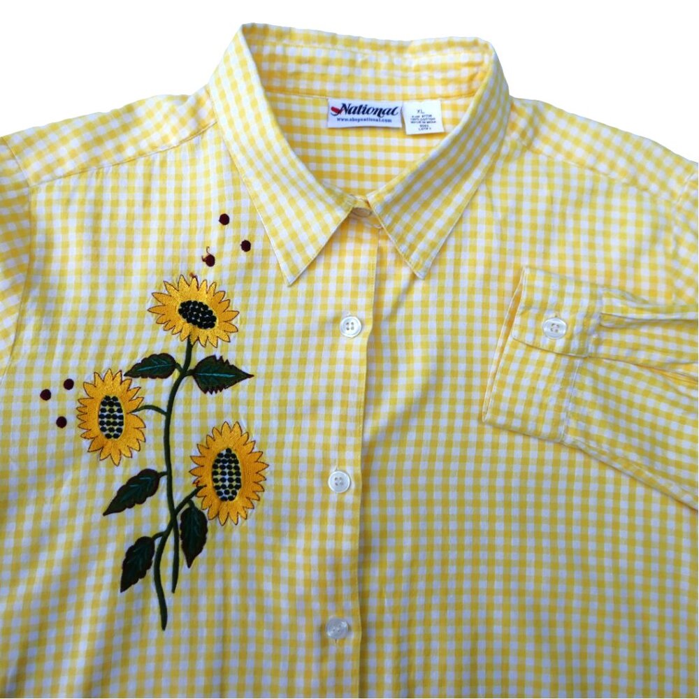 Vintage Yellow Gingham Floral Sunflower Embroidered Button Front Shirt Farmhouse